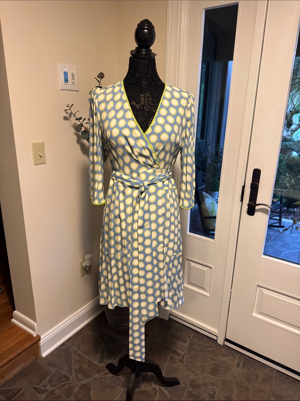 Diane Von Furstenberg Light Blue Wrap Dress with Yellow Sunburst Print